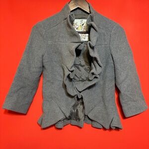Tabitha Gray Ruffle Front Jacket Size 4 Wool‎ Blend 3/4 Sleeve Cute